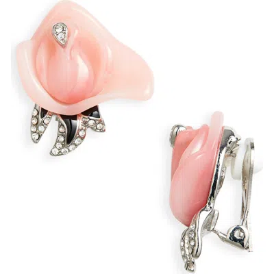 Kenneth Jay Lane Pink Flower & Black Leaves Clip-on Earrings In Metallic