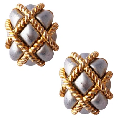 Pre-owned Kenneth Jay Lane Puffy Quilted Two Tone Rectangular Earrings By , 1980s In Multi