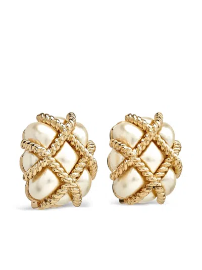 Kenneth Jay Lane Quilted Pearl Clip Earrings In Gold