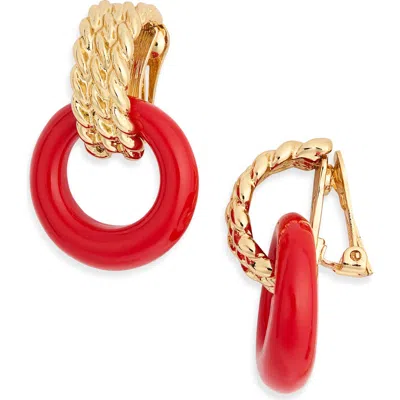 Kenneth Jay Lane Red Doorknocker Clip-on Earrings In Gold