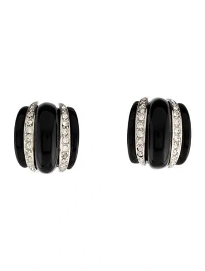 Pre-owned Kenneth Jay Lane Resin & Crystal Ribbed Clip-on Earrings In Black