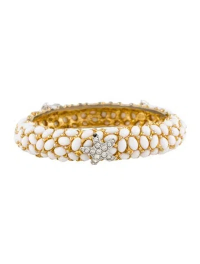 Pre-owned Kenneth Jay Lane Resin & Crystal Starfish Cabochon Hinged Bangle Bracelet, 7" In White