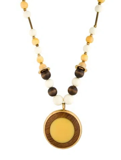 Pre-owned Kenneth Jay Lane Resin & Wood Bead Strand Pendant Necklace, 25.75" In Brown/white/yellow