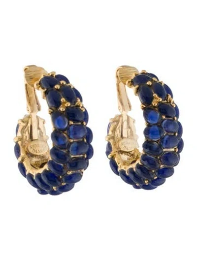 Pre-owned Kenneth Jay Lane Resin Cabochon Clip-on Hoop Earrings In Blue
