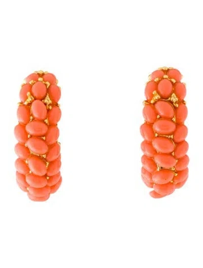 Pre-owned Kenneth Jay Lane Resin Cabochon Hoop Clip-on Earrings In Orange