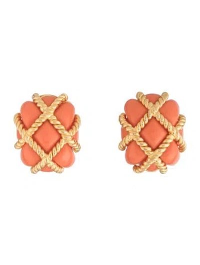 Pre-owned Kenneth Jay Lane Resin Gold Trim Coral Quilted Clip Earrings In Multi