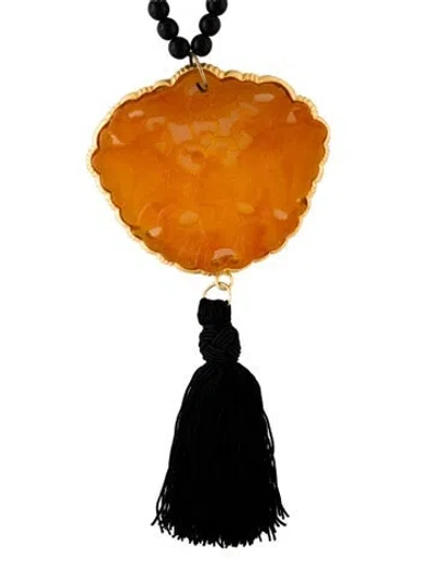 Pre-owned Kenneth Jay Lane Resin, Thread, & Bead Tassel Pendant Necklace, 31" In Black/orange