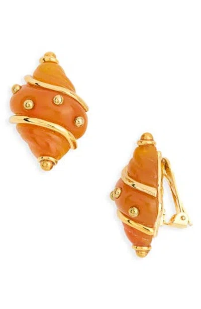 Kenneth Jay Lane Studded Shell Clip-on Earrings In Orange