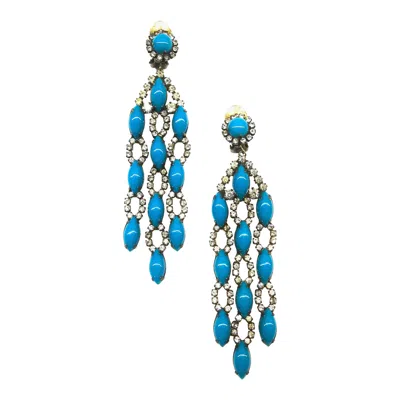 Pre-owned Kenneth Jay Lane Very Long Turquoise Glass Cabuchon And Clear Paste 3 Drop Earrings, Kjl, 1960s. In Multi