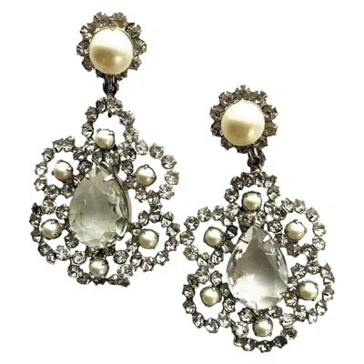 Pre-owned Kenneth Jay Lane Vintage Clip-on Earrings Sign. K.j.l. Rhodium With Rhinestones, Faux Pear 1960s In Brown