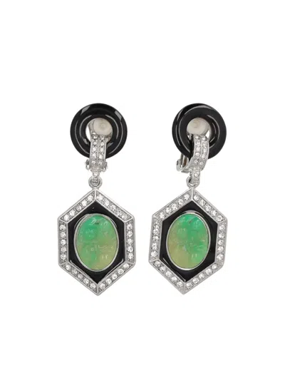 Pre-owned Kenneth Jay Lane Vintage Jade Clip-on Earrings In Silver