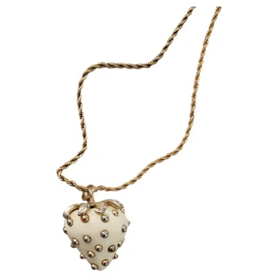 Pre-owned Kenneth Jay Lane Vintage  Cream Enamel Strawberry Pendant Necklace Kjl Gold Tone In White