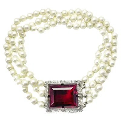 Pre-owned Kenneth Jay Lane Vintage Statement Kjl  Ruby Crystal Clasp & Pearl Torsade 1990s In Multi