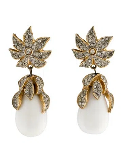 Pre-owned Kenneth Jay Lane Vintage Stone & Crystal Clip-on Drop Earrings In White