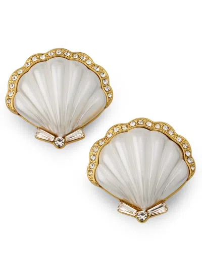 Kenneth Jay Lane Women's 18k-gold-plated, Imitation Pearl & Glass Crystal Scallop Shell Clip-on Stud Earrings