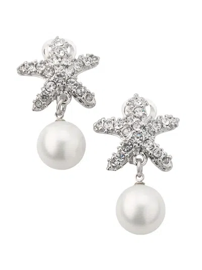 Kenneth Jay Lane Women's Silvertone, Glass Crystal & Imitation Pearl Clip-on Drop Earrings