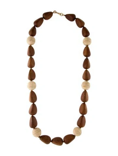 Pre-owned Kenneth Jay Lane Wood & Raffia Bead Strand Necklace, 33.5" In Brown
