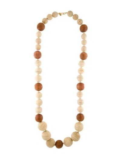 Pre-owned Kenneth Jay Lane Wood & Raffia Bead Strand Necklace, 42" In Brown