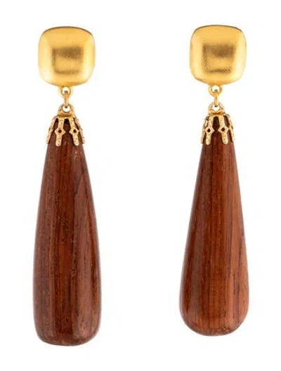 Pre-owned Kenneth Jay Lane Wood Clip-on Drop Earrings In Brown