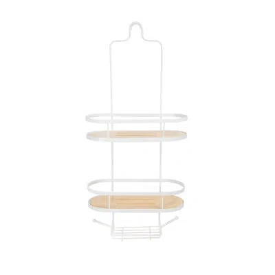 Kenney Rust-resistant Metal & Bamboo 2-tier Hanging Shower Caddy, 24" H X 11" W X 4.5" D, White/natural In White,natural