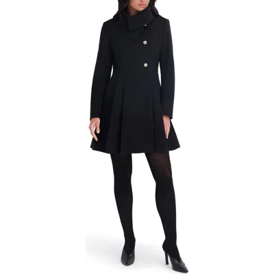 Kensie Asymmetric Button-front Pleated Coat In Black