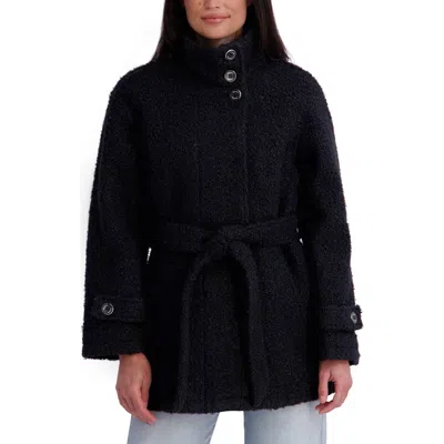 Kensie Belted Bouclé Faux Wool Coat In Black