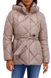 Kensie Belted Diamond Quilted Puffer Coat In Neutral
