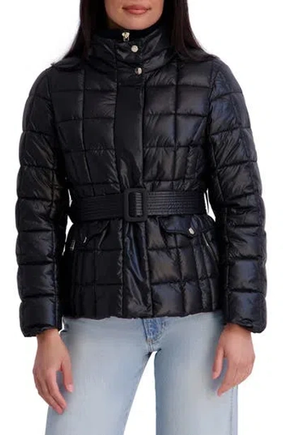 Kensie Belted Quilted Cire Puffer Coat In Black