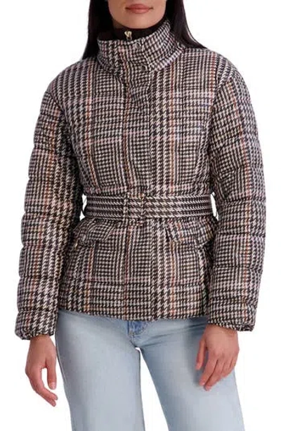 Kensie Belted Quilted Cire Puffer Coat In Brown