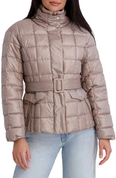 Kensie Belted Quilted Cire Puffer Coat In Gray