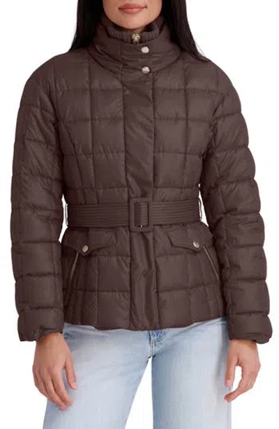 Kensie Belted Quilted Cire Puffer Coat In Brown