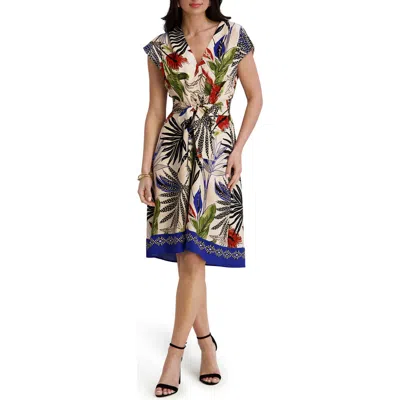 Kensie Cap Sleeve Printed Dress In Blue