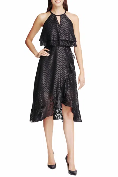Kensie Chevron Clip Chiffon Sleeveless High Low Dress In Black