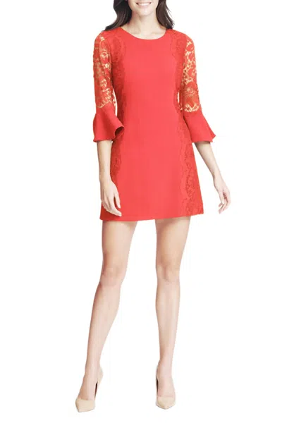 Kensie Circular Flounce Lace Sleeve Sheath Dress In Red