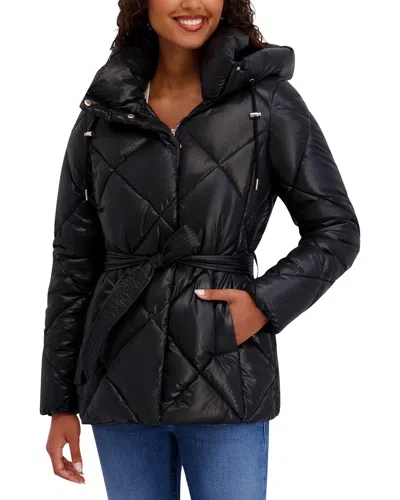 Kensie Cire Belted Puffer Jacket In Black