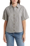 Kensie Collared Boxy Button-up Top In Black/white Stripe