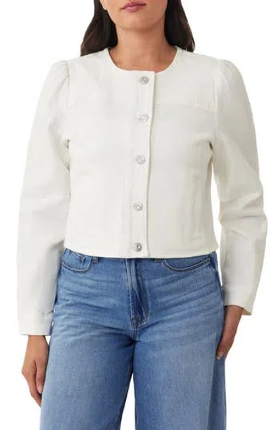 Kensie Collarless Crop Denim Jacket In White