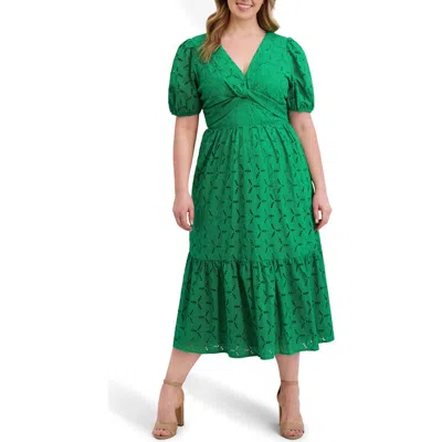 Kensie Cotton Eyelet Midi Dress In Green