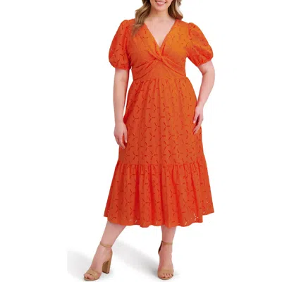 Kensie Cotton Eyelet Midi Dress In Orange