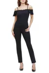 Kensie Crepe Scuba Cold Shoulder Jumpsuit In Black In Black
