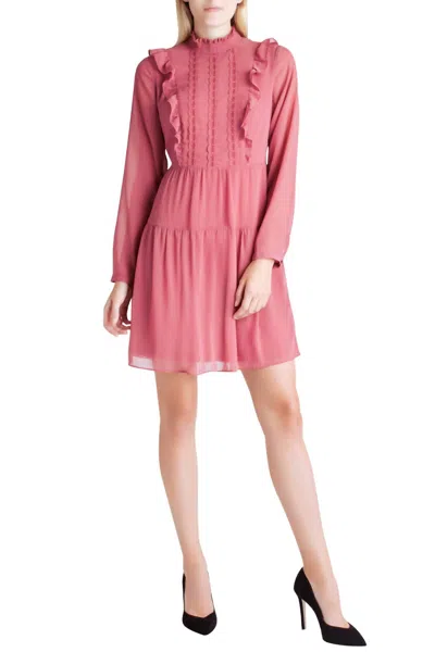 Kensie Crinkle Chiffon Long Sleeve Ruffle Front Mock Neck Dress In Pink