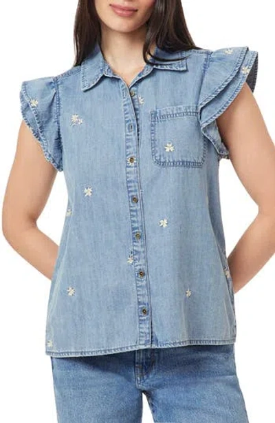 Kensie Denim Double Flutter Sleeve Button Front Top In Blue