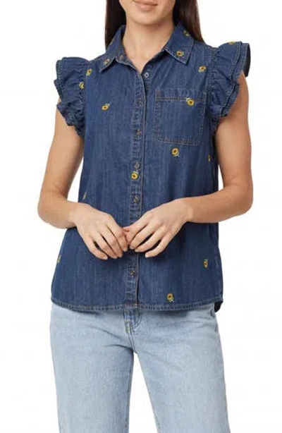 Kensie Denim Double Flutter Sleeve Button Front Top In Blue