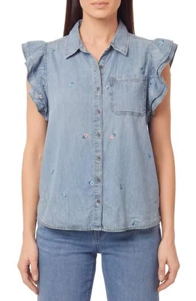 Kensie Denim Double Flutter Sleeve Button Front Top In Blue