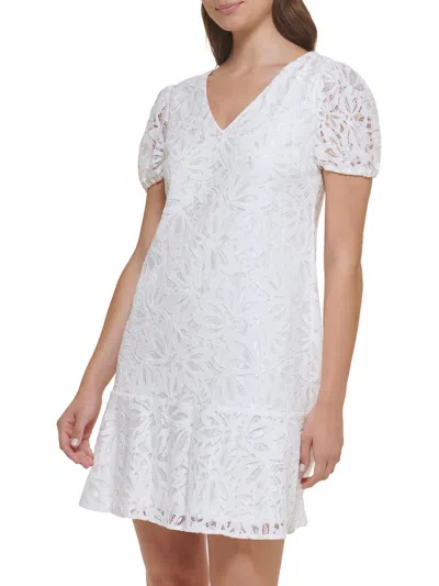 Kensie Dresses Womens Lace Puff Sleeves Shift Dress In White