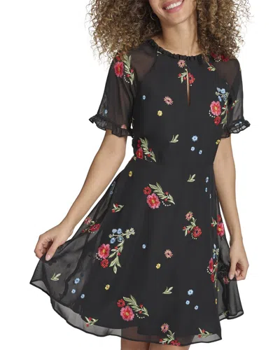 Kensie Embroidered Chiffon Mini Dress In Black
