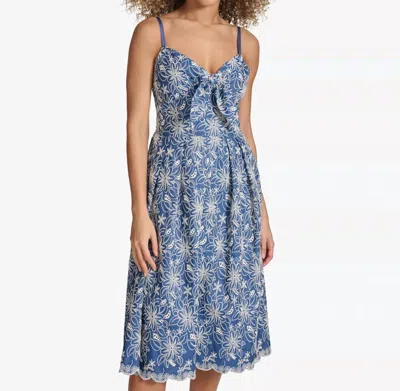 Kensie Embroidered Denim Knot-front Midi Dress In Blue