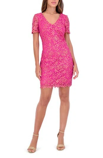 Kensie Embroidered Floral Lace Short Sleeve Sheath Dress In Gold