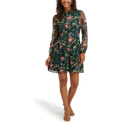 Kensie Embroidered Mesh Long Sleeve Shirtdress In Multi