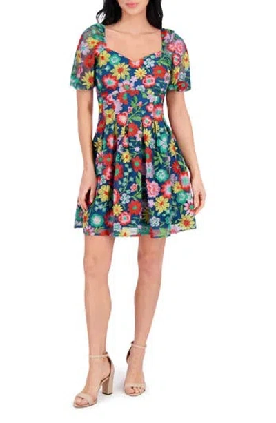 Kensie Embroidered Mesh Short Sleeve Dress In Multi
